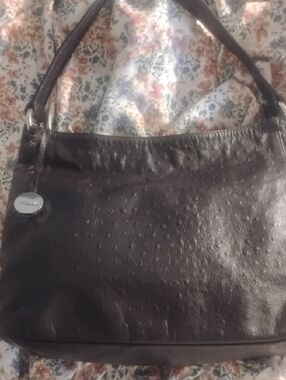 Furla Dark Brown Ostrich Embossed Leather Shoulder Bag New